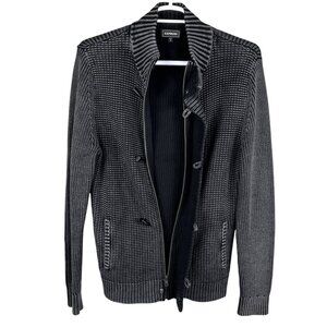 Vintage Express Mens L Black Gray Ribbed Knit Jacket Heavyweight Sweater Preppy